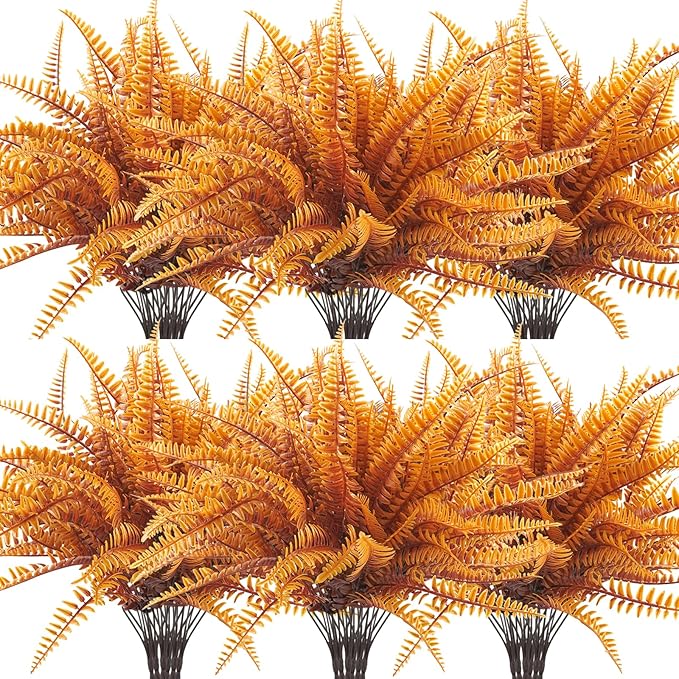 Uieke 12PCS Artificial Ferns for Outdoors, Fake Fall Boston Fern Plants UV Resistant No Fade Faux Plastic Greenery Bushes for Indoor Outside Window Box Fall Décor Autumn Orange
