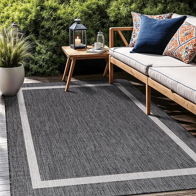 Bordered Outdoor Rug 5x7 Washable Outside Carpet for Indoor Patio Porch Waterproof Easy Cleaning Non Shedding Area Rugs Gray 5 x 7