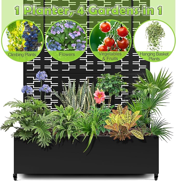 15.7"×70.9"×47.2" Metal Raised Garden Bed with Trellis and Wheels - Tall Trellis Planter Box for Climbing Plants, Vegetables & Vines - Outdoor Privacy Planters for Patio (Black-Brick)