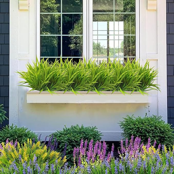 Outdoor Artificial Plants 8 Bundles Fake Plants Grass UV Resistant Fake Flowers Bush Greenery,17Inch Tall Faux Grass Shrubs for Home Porch Pathway Garden Décor Outside Indoor (Green)