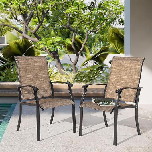 NUU GARDEN Set of 2 Patio Dining Chairs, High Back Textilene Chairs with Armrest for Indoor Outdoor Use, Iron Frame Patio Furniture Chairs for Garden Deck Backyard Kitchen Restaurant, Black and Brown