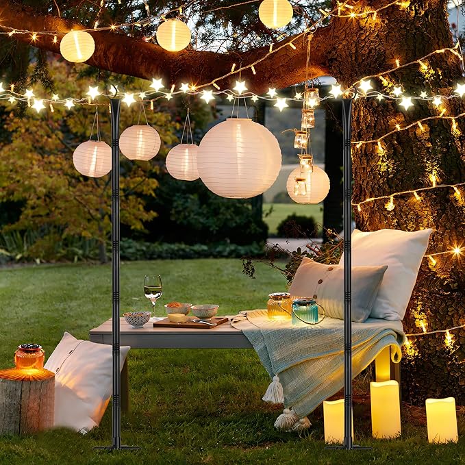 Suchtale 8.5FT Poles for String Lights with Forks, 2 Pack Metal Stands with Hooks & 5-Prong Base for Garden, Patio, Fence, Deck, Backyard, Wedding, Black, Built for Tough Environments