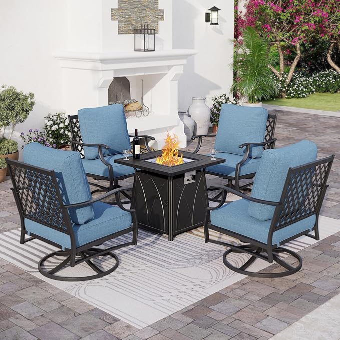 5 Piece Metal Outdoor Patio Furniture Set with Fire Pit Table, Patio Conversation Sets 4 Swivel Chairs with 5.75" Thick Cushion and 5000 BTU Fire Pit Table, Backyard Furniture, Navy