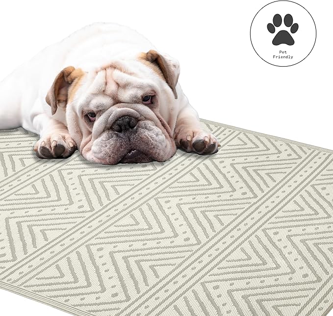 Fab Habitat Chevron Outdoor Rug - Waterproof, Fade Resistant, Crease-Free - Premium Recycled Plastic - Striped - Patio, Porch, Deck, Balcony - Patan - Beige - 5 x 8 ft