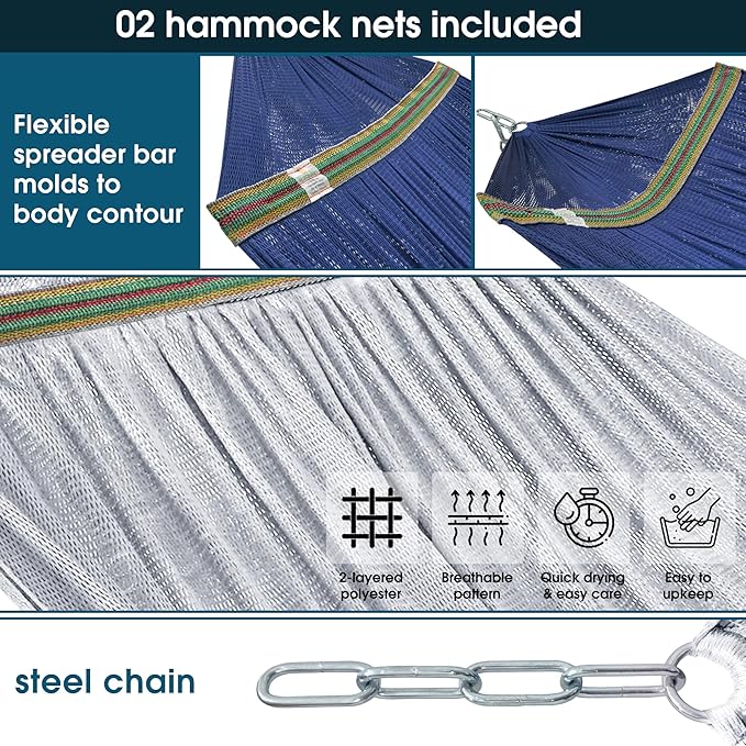 Tranquillo Combo x2 Hammocks with Stand for Outside & Tree Straps, Heavy Duty Hammock with Stand 600lbs for Indoor Outdoor Patio Backyard, x2 Hammocks for 2 Person, Portable Carrying Bags, Aegean
