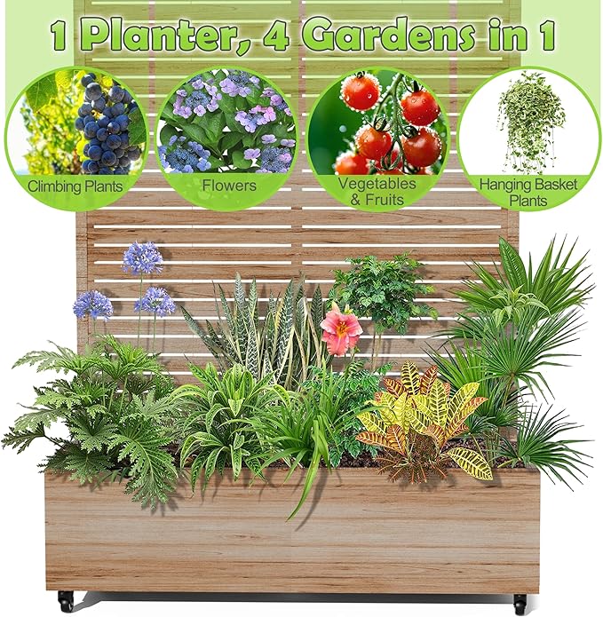 15.7"×70.9"×47.2" Metal Raised Garden Bed with Trellis and Wheels - Tall Trellis Planter Box for Climbing Plants, Vegetables & Vines - Outdoor Privacy Planters for Patio (Acacia Wood Grain)
