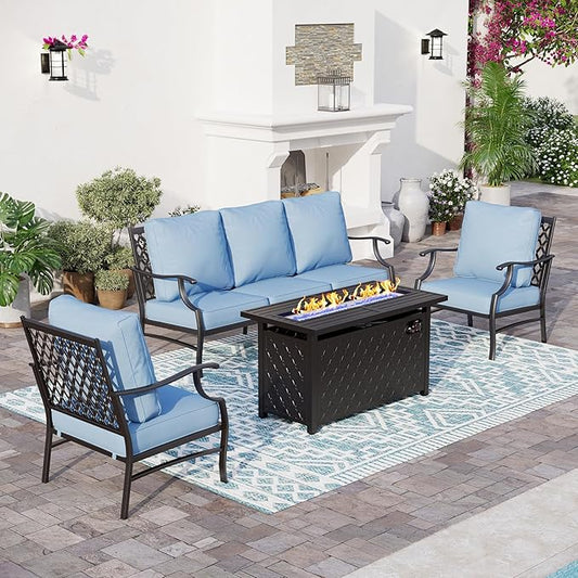 4 Piece Metal Outdoor Patio Furniture Sets with 5000 BTU Firepit Table, Patio Conversation Sets 1 3-Seater Sofa, 2 Fixed Chair with 5.75" Thick Cushion, Black Backyard Furniture, Blue