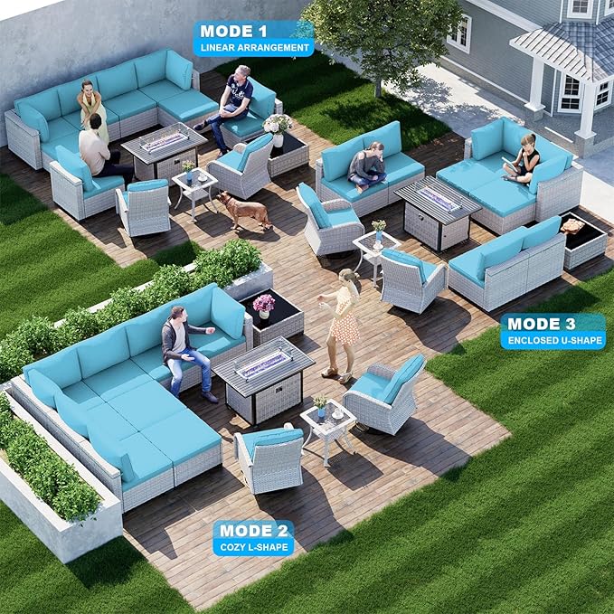 13-Piece Patio Furniture Set, Outdoor Patio Furniture with Swivel Chairs Set, Ottomans, 55,000 BTU Fire Pit Table, Modular Patio Sofa, Dual-Strand Wicker Rattan, Rust-Resistant Frame, Lake Blue