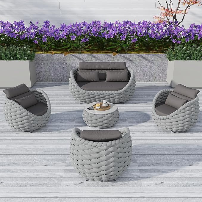 5 Pieces Patio Furniture Set Outdoor Rope Conversation Sectional Patio Sofa with 5 Seater for Backyard, Porch, Modern Armchairs with Thickness Cushions and Side Table
