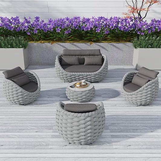 5 Pieces Patio Furniture Set Outdoor Rope Conversation Sectional Patio Sofa with 5 Seater for Backyard, Porch, Modern Armchairs with Thickness Cushions and Side Table