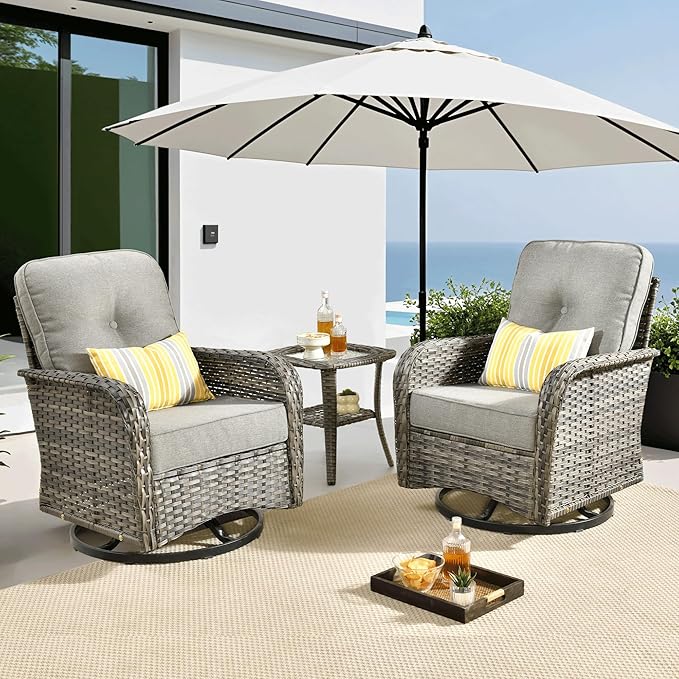 ovios 3 Pieces Patio Furniture Set, Outdoor Rocking Chairs of 2, Wicker Swivel Glider Chairs with Side Table Thick Cushions, All Weather Rattan Bistro Set for Porch, Dark Grey