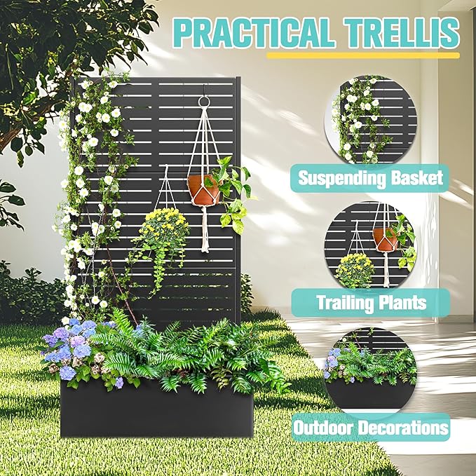 71"x35"x16" Metal Planter Box with Trellis Raised Garden Bed with Trellis, Trellis with Planter Box & Privacy Screen, Metal Planter Box for Climbing Plants, Vegetable, Vines(Black, Louvered)