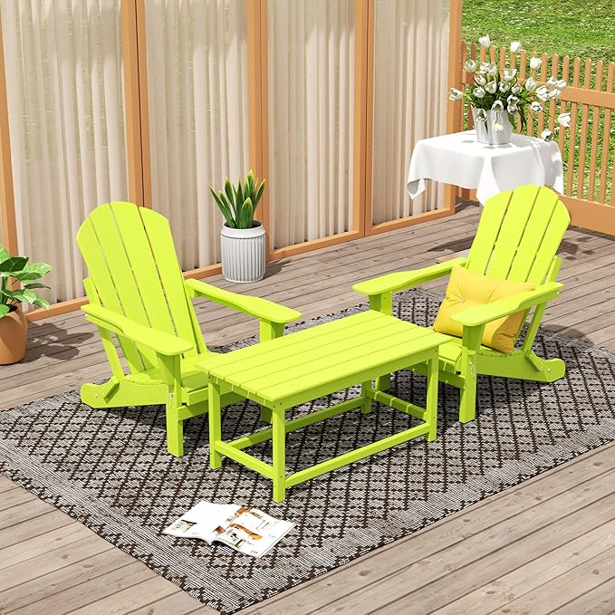 WO Home Furniture Adirondack Chairs Table Set of 3 PCS Outdoor Folding Chairs Coffee Table Weather/UV Resistant for Lawn, Garden, Bon Fire, Balcony (Lime)