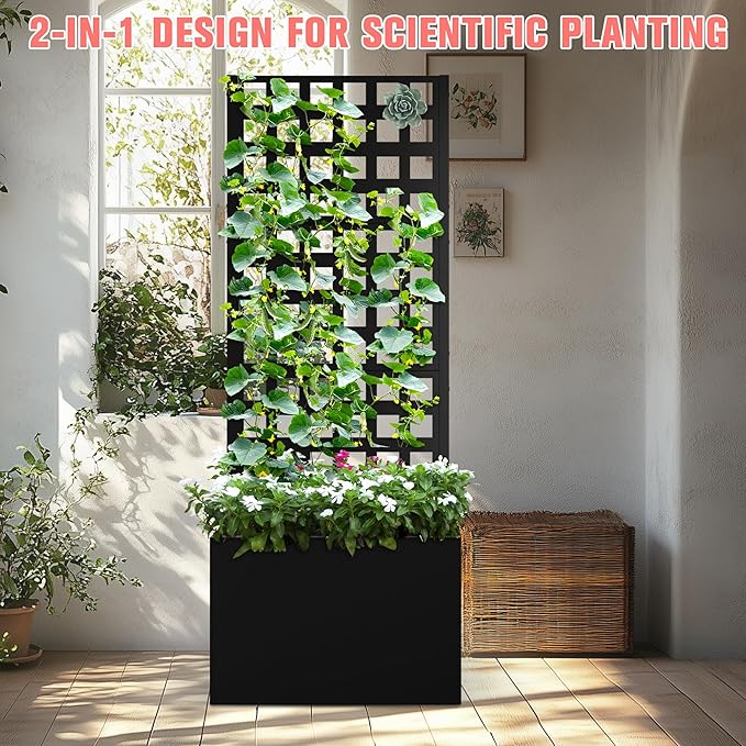 Metal Planter Box with Trellis, Raised Garder Bed with Drainage Hole, Privacy Screen & Trellis for Climbing Plants, Outdoor Plant Stands, 24''L×12''W×63''H, Black
