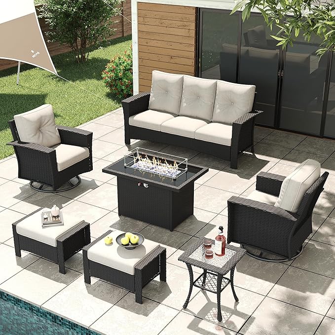 LayinSun 7 Piece Wicker Patio Furniture Set with Fire Pit Table, Classis Outdoor Conversation 360 Degree Swivel Chairs Set with Coffee Table