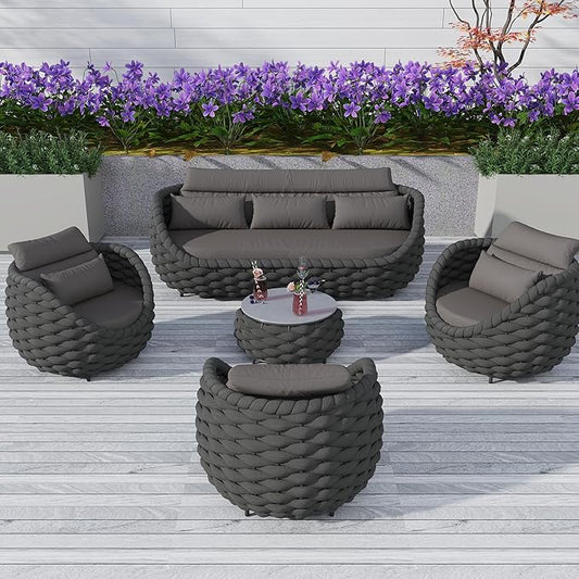 Outdoor Patio Furniture Set-5 Pieces Aluminum Sectional Sofa, Metal Patio Conversation Set with Threeseat & Armchair, Textile Rope and Coffee Table, Dark Grey