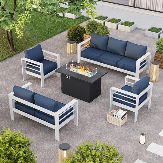 Patio Furniture Set with Fire Pit Table, Aluminum Patio Furniture Set,Blue Outdoor Metal Sectional Sofa with Aluminum Fire Pit Table for Garden Backyard (Include Waterproof Cover)