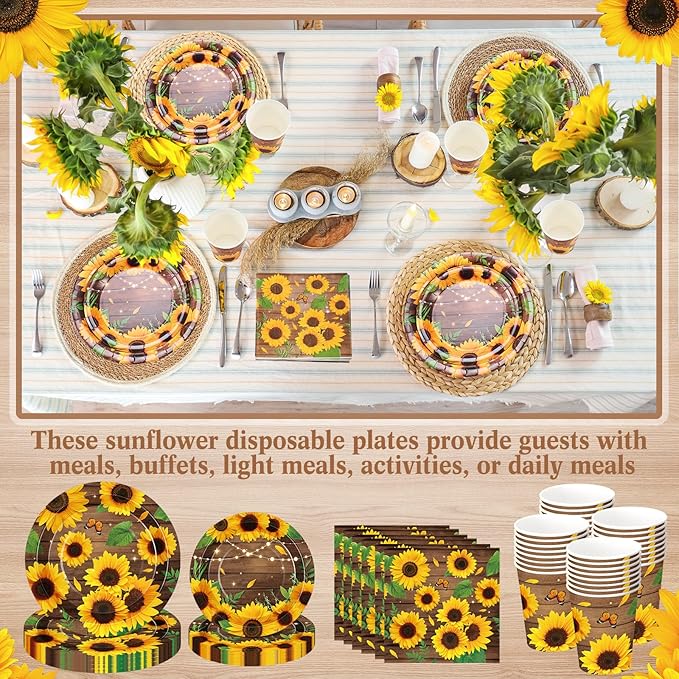 250 Pcs Sunflower Party Decorations Include Spring Summer Floral Paper Plates Napkins and Cups for Wildflower Baby Shower Tea Decorations, Serve 50 Guest(Yellow and Brown,Sunflower Style)