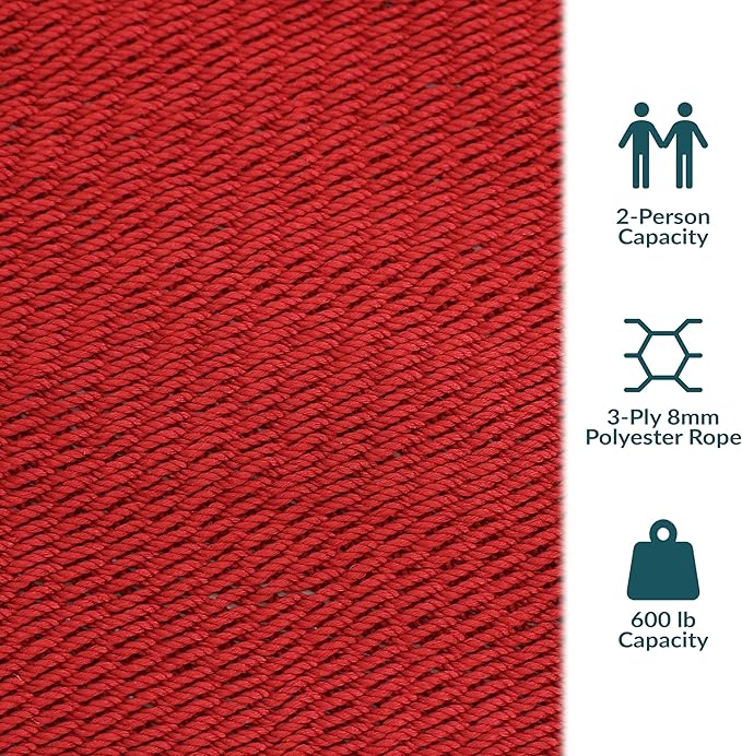 Sunnydaze Soft-Spun Polyester Rope Double Hammock for Outside - 600-Pound Weight Capacity Extra Large Hammock - Red