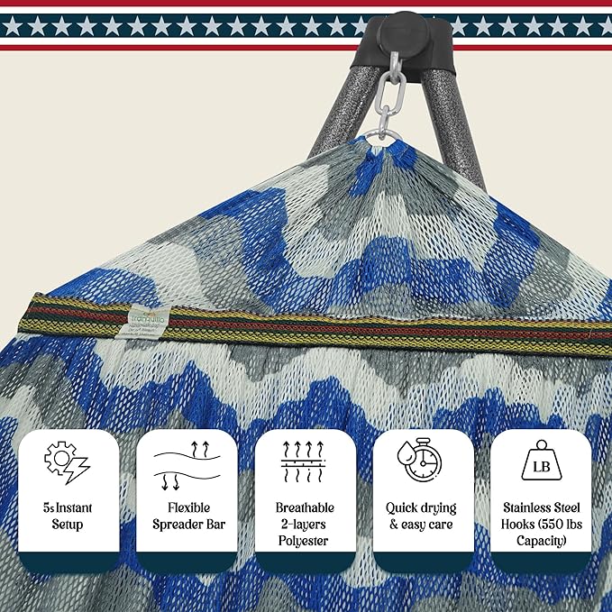Tranquillo Uniki 550 lbs Capacity Double Hammock Stand, Adjustable, Collapsible Camping Hammock and Stand, Signature Steel Stand Breathable Polyester Hammock Net, Chevron