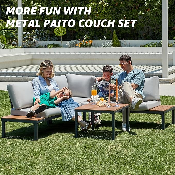 NATURAL EXPRESSIONS Patio Furniture Sets, L Shape Patio Sectional Metal Outdoor Sectional Corner Sofa Outdoor Couch with Detachable Backrest,3 Fauxwood Tables,5” Grey Olefin Cushions