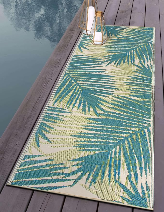 Rugshop Tropical Floral Reversible Crease-Free Waterproof Premium Recycled Plastic Outdoor Rugs for Patio,Backyard,RV,Deck,Picnic,Trailer,Beach,Camping Rug 2' 7" X 8' Green