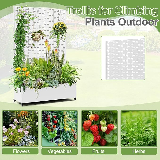 Raised Garden Bed with Trellis and Wheels,73"x47"x16" Metal Raised Garden Bed,White Squared Metal Planter with Climbing Trellis for Vines & Vegetables