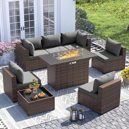UDPATIO Outdoor Patio Furniture Set with Fire Pit Table, 8 Piece Outdoor Sectional Sofas, All-Weather Wicker Patio Conversation Set for Garden, Backyard Dark Grey