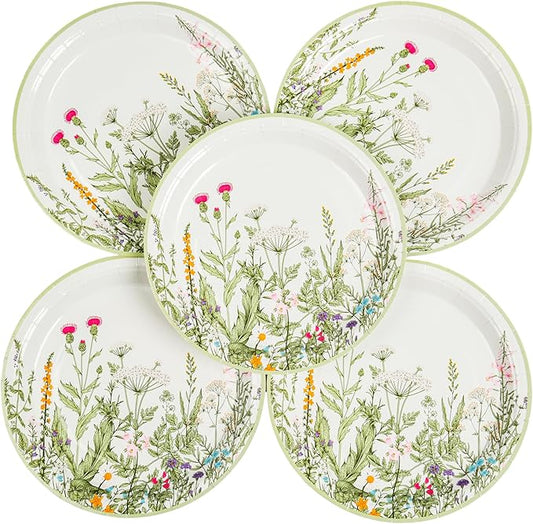 Wildflower Party Plates 9" Floral Paper Plates Botanical Green Leaves Herbs Disposable Party Supplies Spring Summer Vintage Garden Decorative Dinner Plates (48, Vintage Botanical)
