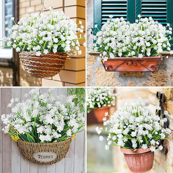 AmyHomie 20 Bundles Artificial Flowers for Outdoor Outside Spring Summer Decoration UV Resistant Faux Flowers No Fade Fake Plastic Plants Garden Porch Window Box Decorating (Pure White)