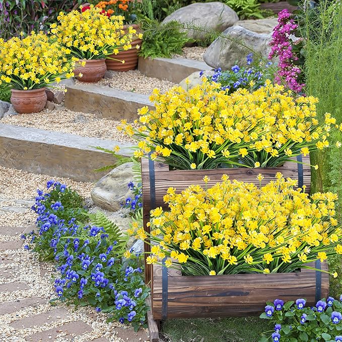 AmyHomie 20 Bundles Artificial Flowers for Outdoor UV Resistant Faux Flowers No Fade Fake Plastic Plants Garden Porch Window Box Decorating(Bright Yellow)