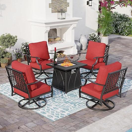 5 Piece Metal Outdoor Patio Furniture Set with Fire Pit Table, Patio Conversation Sets 4 Swivel Chairs with 5.75" Thick Cushion and 5000 BTU Fire Pit Table, Backyard Furniture, Red