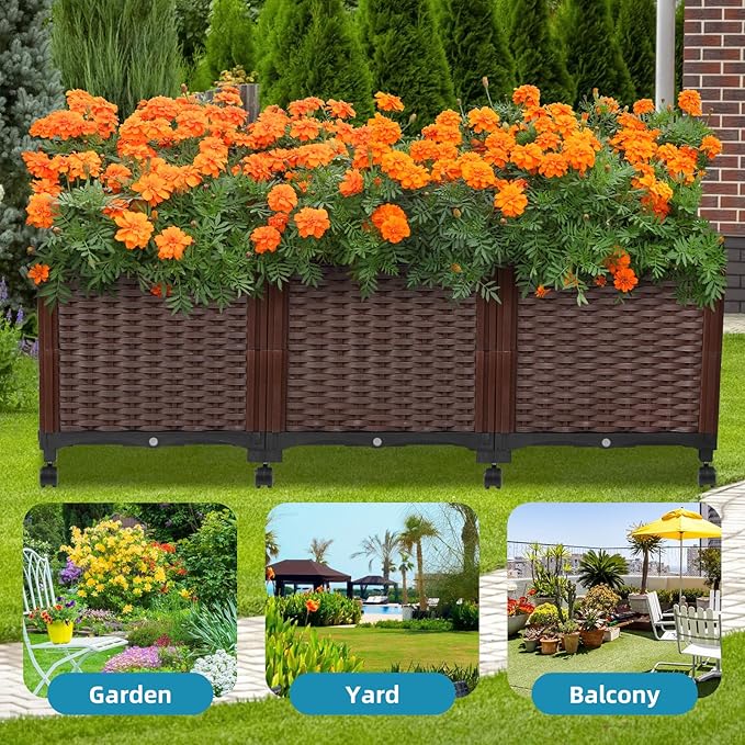 Raised Garden Beds Outdoor With Wheels, Large Garden Planter Box With Drain Outlet and Lockable Wheels, Self Watering Rectangular Planters for Outdoor Plants Flowers Vegetables, 47.2"X15.7"X16.1"