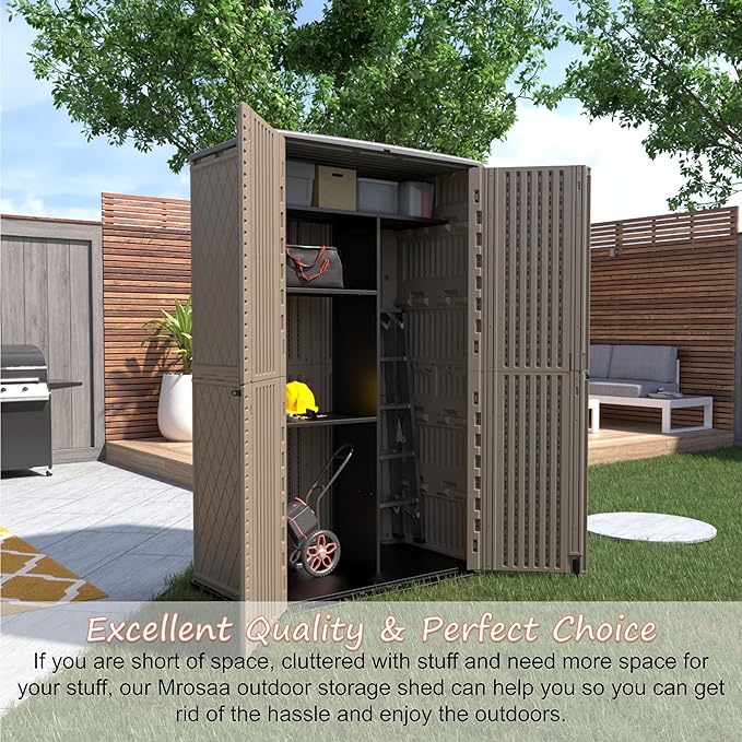 Sheds & Outdoor Storage, 52 Cu.ft Vertical Storage with Floor, Cabinet Waterproof for Garage Pool Bike Shed, Garden , Coffee Brown