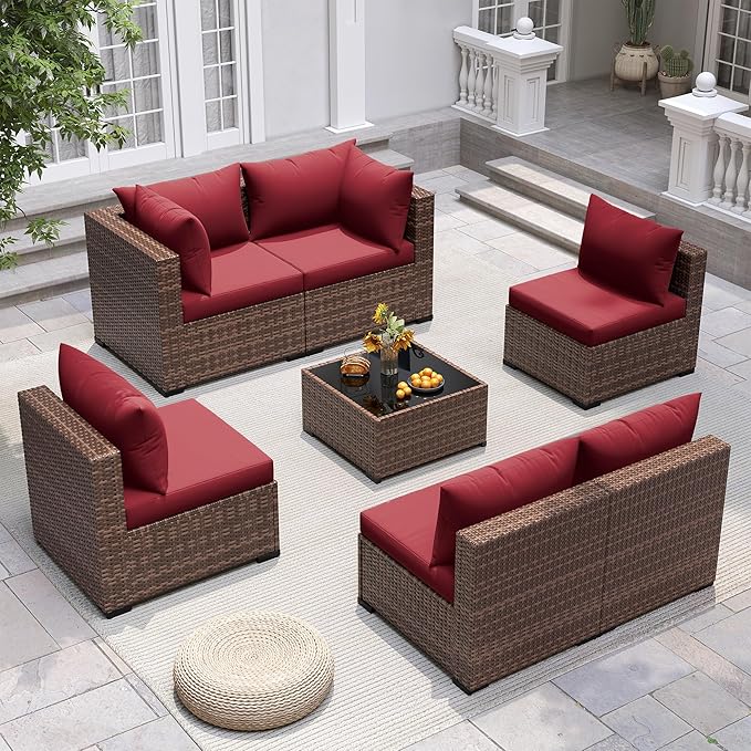 UDPATIO Patio Furniture Set, 7 Piece Outdoor Sectional Sofas with Wicker Coffee Table, Outdoor Patio Conversation Set for Garden, Backyard Wine