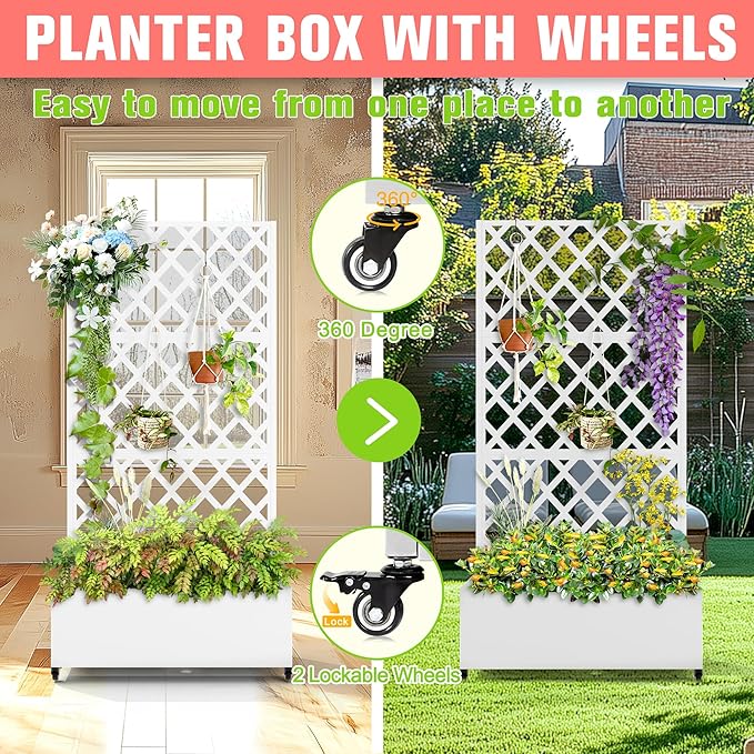 Metal Planter Box with Trellis, Raised Garder Bed with Drainage Hole, Privacy Screen & Trellis for Climbing Plants, Outdoor Plant Stands, 35''L×17''W×73''H, White