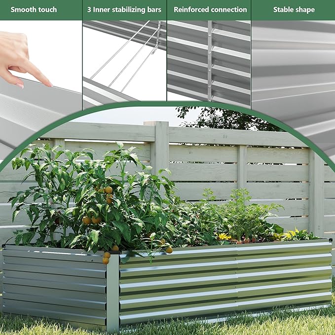 FOOWIN 8x4x2ft Galvanized Raised Garden Bed, Planter Raised Garden Boxes Outdoor, Large Metal Raised Beds for Gardening, Garden Bed for Vegetables, Flowers, Herb,478 Gallon Capacity, Silver