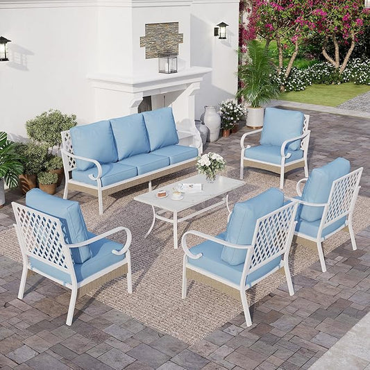 6 Piece Metal Outdoor Patio Furniture Sets, Patio Conversation Sets 1 3-seater Sofa, 4 Single Sofa with 5.75" Extra Thick Cushion and Coffee Table, White Frame Backyard Furniture, Blue
