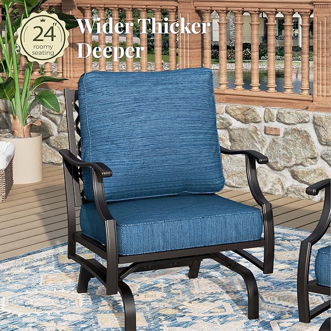 Patio Furniture Set 7 pcs, Outdoor Patio Furniture, 3-Seat Sofa, 2 Single Chairs, 2 Rocking Chairs, 2 Ottomans and 5.75" Extra Thick Cushion, Conversation Set for Deck,Gemstone Blue