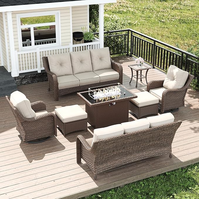 LayinSun 8 Piece Wicker Outdoor Furniture Set with 6-inch Comfy Cushions, High Back Patio Furniture Set with Swivel Rocking Chairs and Fire Pit Table