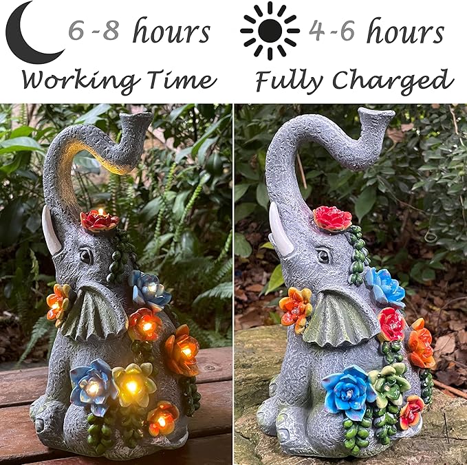 Solar Garden Statue Elephants Figurine with Solar Lights Outdoor Yard Decorations for Patio Porch Home Elephant Gifts for Women Mother's Day Housewarming Birtheday Gifts