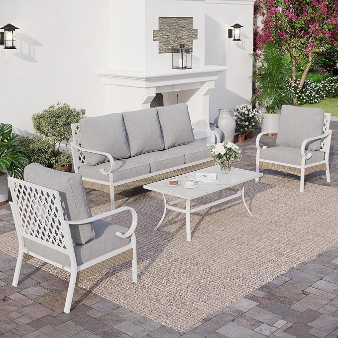 4 Piece Metal Outdoor Patio Furniture Set, Patio Conversation Sets 1 3-Seater Sofa, 2 Single Sofa with 5.75" Extra Thick Cushion and Coffee Table, White Frame Backyard Furniture, Gray
