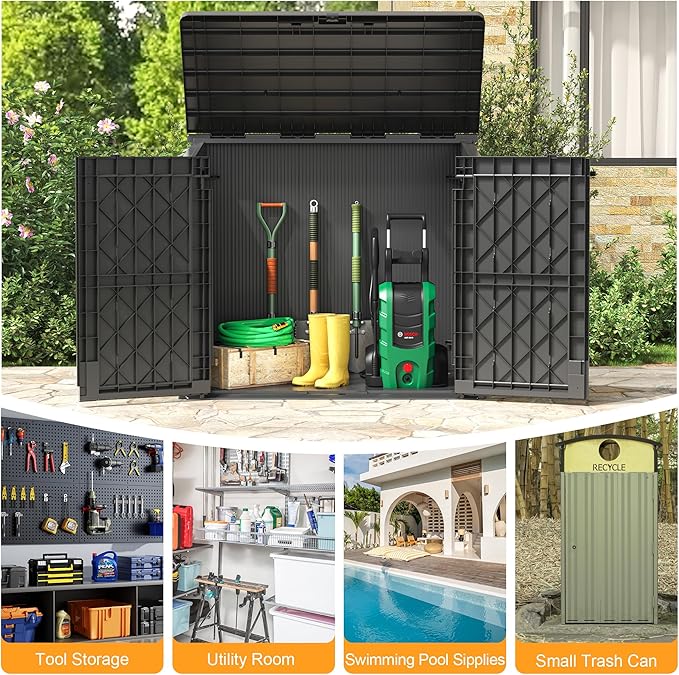 LHBcraft Outdoor Storage Cabinet 36 Cu Ft with Lockable Doors, Portable Horizontal Resin Storage Shed - Easy to Assemble, Waterproof Small Storage Shed with Floor Black