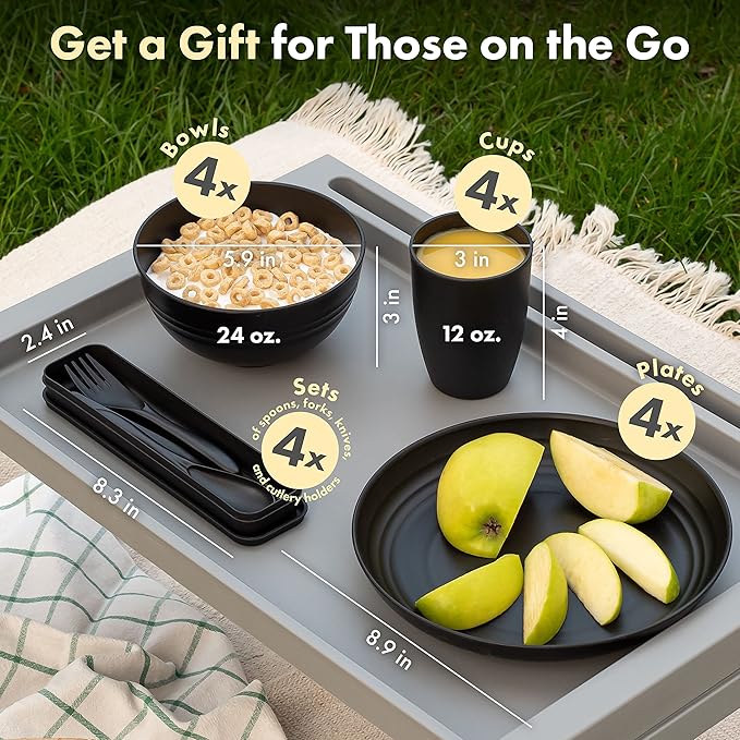 FOODLE Wheat Straw Dinnerware Set - BPA Free & Safety Tested - Microwave & Dishwasher Safe - Alternative to Plastic Dishes - Perfect for Outdoor, RV, Dorm - Camping Plates Cups and Bowls Set - For 4