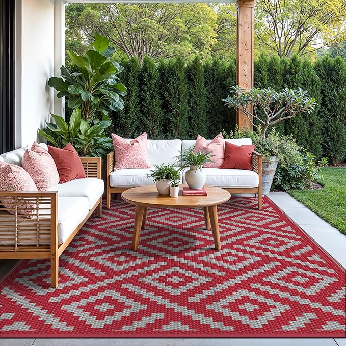 GENIMO Outdoor Rug for Patio Clearance, 6'x9' Reversible Plastic Straw Rugs, Lightweight Waterproof RV Camping Mat for Camper, Balcony, Deck, Backyard, Picnic, Red Grey