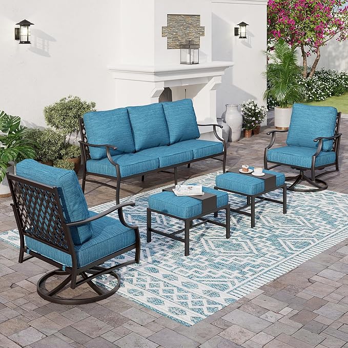 5 Piece Metal Outdoor Patio Furniture Set, Patio Conversation Sets 3-seater Sofa, 2 Swivel Chairs, 2 Ottomans with 5.75" Thick Cushion, Black All-weather Backyard Furniture Set, Blue-2