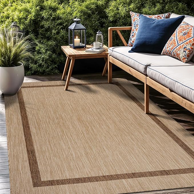 Bordered Outdoor Rug 8x10 Washable Outside Carpet for Indoor Patio Porch Waterproof Easy Cleaning Non Shedding Area Rugs Jute Beige - Nut Brown 8 x 10