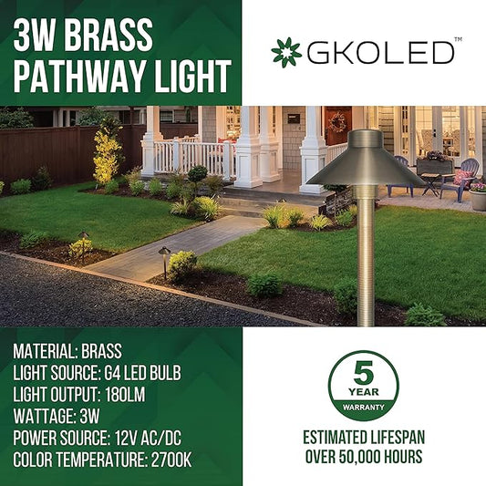 GKOLED Solid Brass Pathway Lights, Low Voltage LED Landscape Path Light, Outdoor Waterproof Accent Lighting, 12V AC/DC, 2700K Warm White, with 3W G4 LED Bulb & Large Rugged Slot Spike, 20 Pack