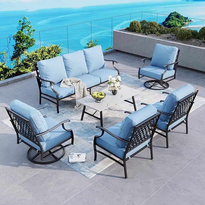 6 Piece Metal Outdoor Patio Furniture Set, Patio Conversation Sets 1 3-Seater Sofa, 2 Swivel Chair, 2 Leg Chair with 5.75" Thick Cushion and Coffee Table, Backyard Furniture Set, Blue