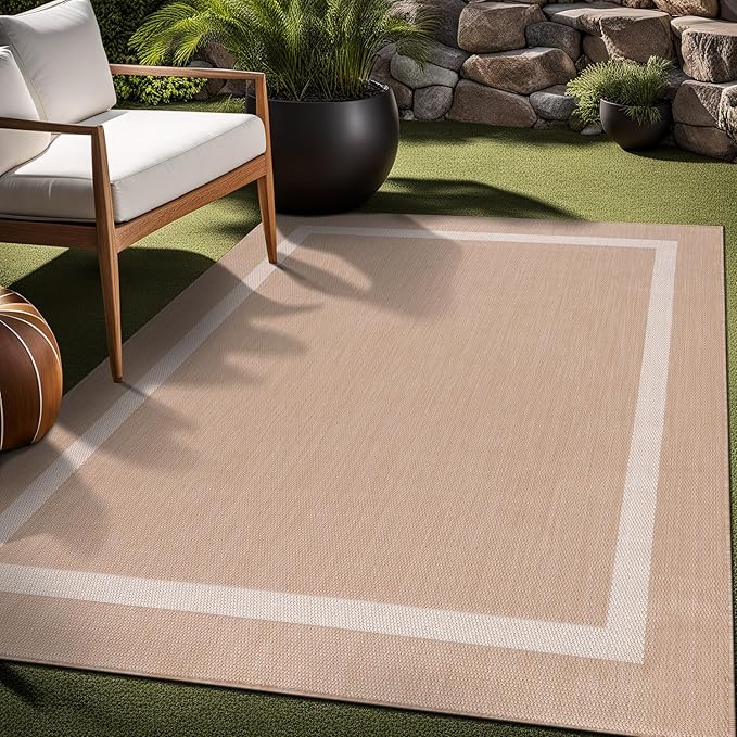 Bordered Outdoor Rug 10x14 Washable Outside Carpet for Indoor Patio Porch Waterproof Easy Cleaning Non Shedding Area Rugs Beige 10 x 14